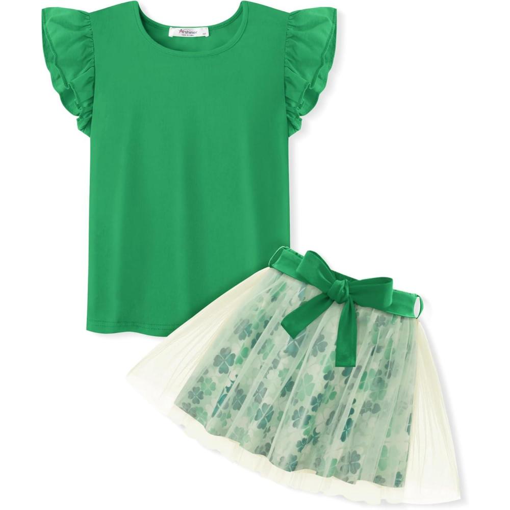 imageArshiner Toddler Summer Girls Clothes 2 Piece Ruffle Sleeve Tops and Belt Tutu Skirt Sets Cute Party Dress for KidsGreen
