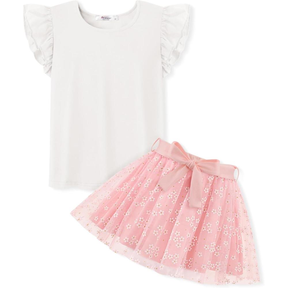 imageArshiner Toddler Summer Girls Clothes 2 Piece Ruffle Sleeve Tops and Belt Tutu Skirt Sets Cute Party Dress for KidsPink