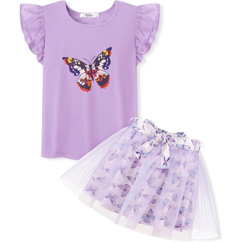 imageArshiner Toddler Summer Girls Clothes 2 Piece Ruffle Sleeve Tops and Belt Tutu Skirt Sets Cute Party Dress for KidsPurple Butterfly