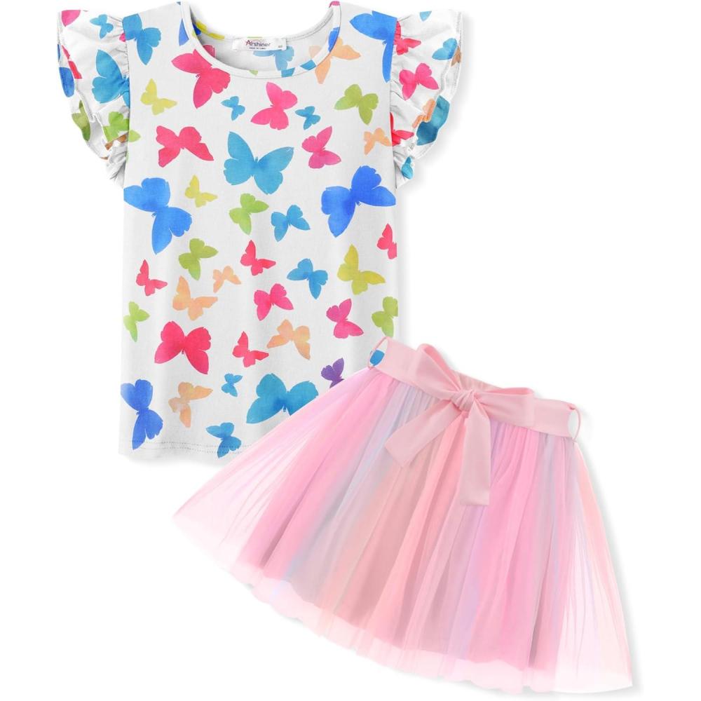 imageArshiner Toddler Summer Girls Clothes 2 Piece Ruffle Sleeve Tops and Belt Tutu Skirt Sets Cute Party Dress for KidsRainbow Butterfly