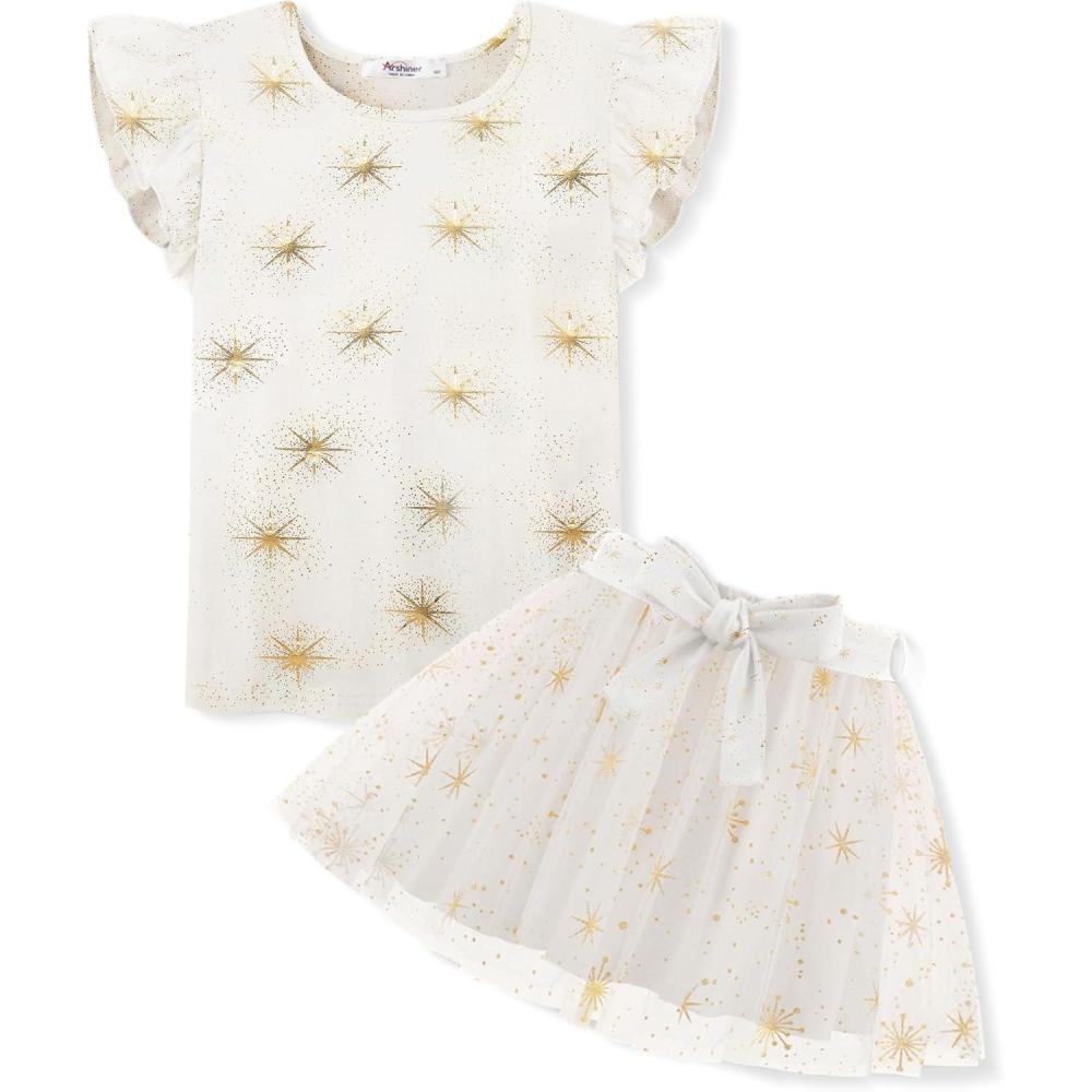 imageArshiner Toddler Summer Girls Clothes 2 Piece Ruffle Sleeve Tops and Belt Tutu Skirt Sets Cute Party Dress for KidsSunflower