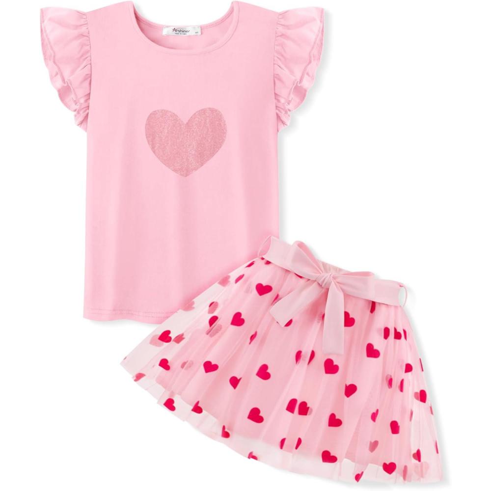 imageArshiner Toddler Summer Girls Clothes 2 Piece Ruffle Sleeve Tops and Belt Tutu Skirt Sets Cute Party Dress for KidsValentine