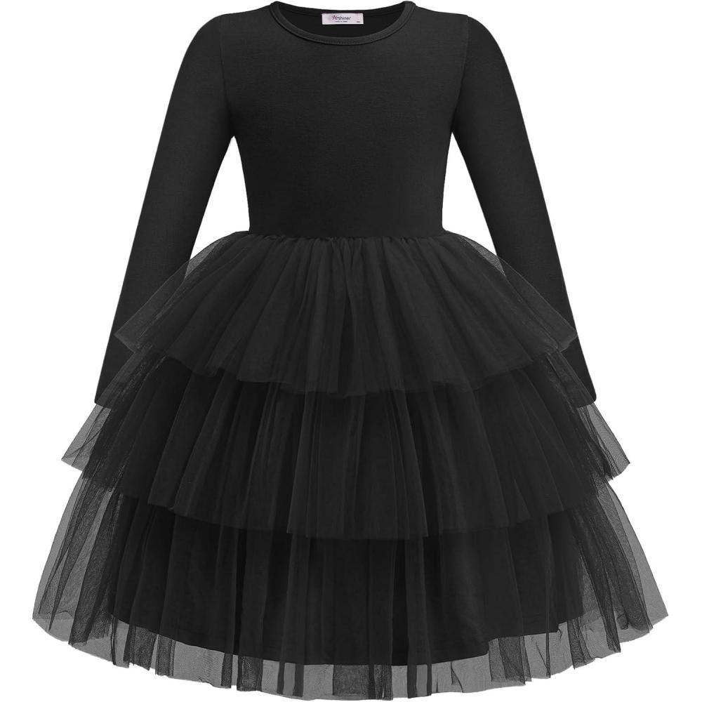 imageArshiner Toddler Tutu Dress Girls Long Sleeve Fall Winter Tiered Formal Party Tulle Dresses for Kids 26YBlack