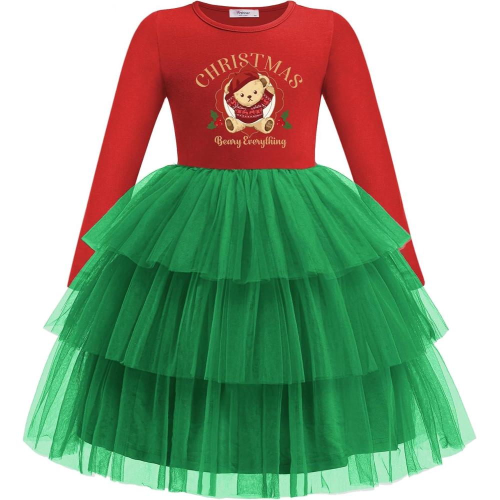imageArshiner Toddler Tutu Dress Girls Long Sleeve Fall Winter Tiered Formal Party Tulle Dresses for Kids 26YChristmas Tree