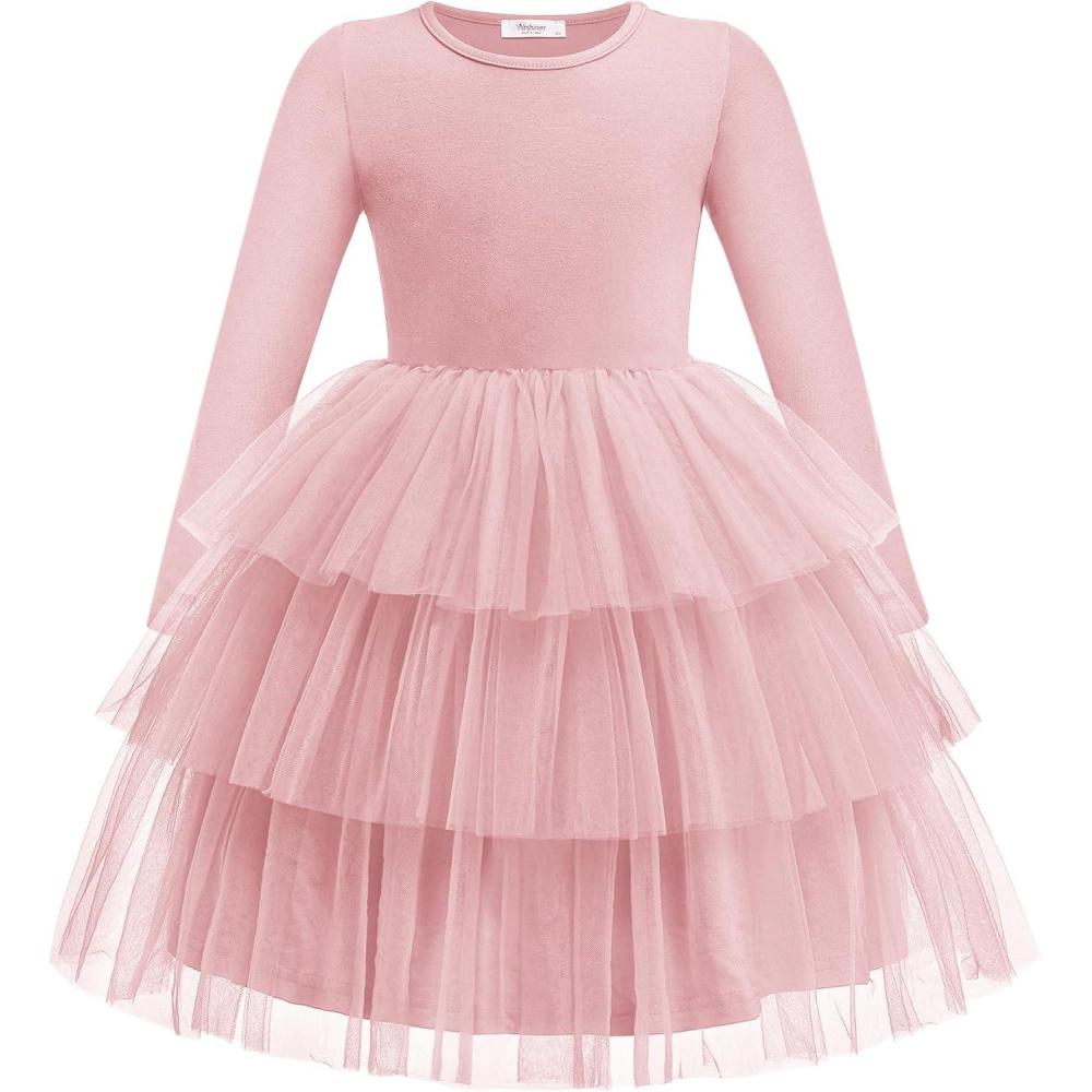 imageArshiner Toddler Tutu Dress Girls Long Sleeve Fall Winter Tiered Formal Party Tulle Dresses for Kids 26YDusty Pink