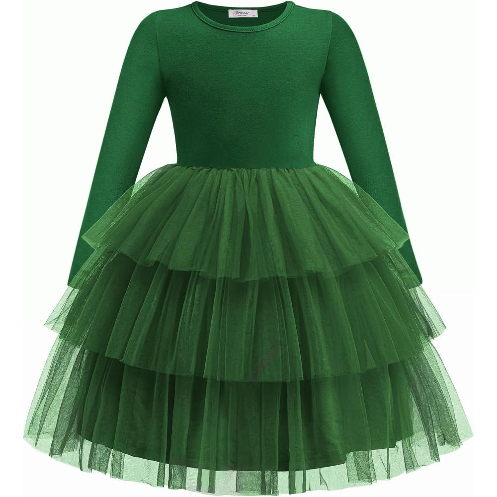 imageArshiner Toddler Tutu Dress Girls Long Sleeve Fall Winter Tiered Formal Party Tulle Dresses for Kids 26YGreen