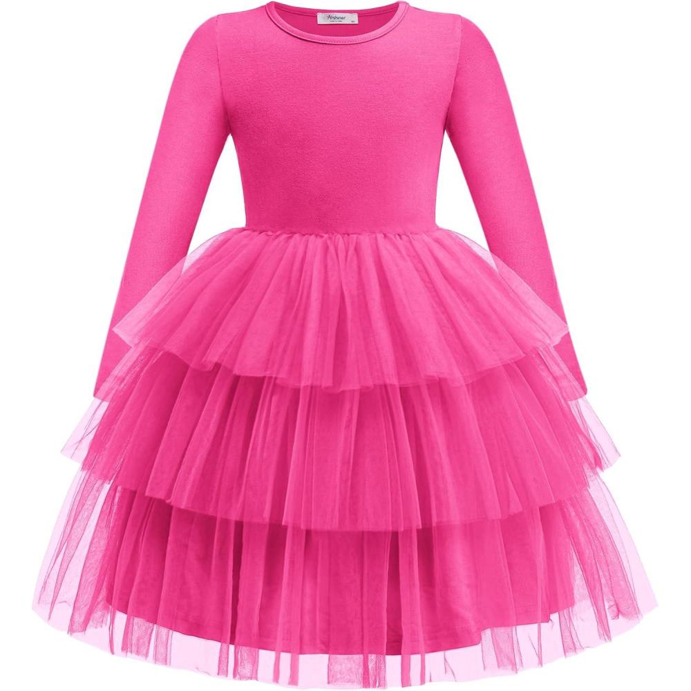 imageArshiner Toddler Tutu Dress Girls Long Sleeve Fall Winter Tiered Formal Party Tulle Dresses for Kids 26YHot Pink