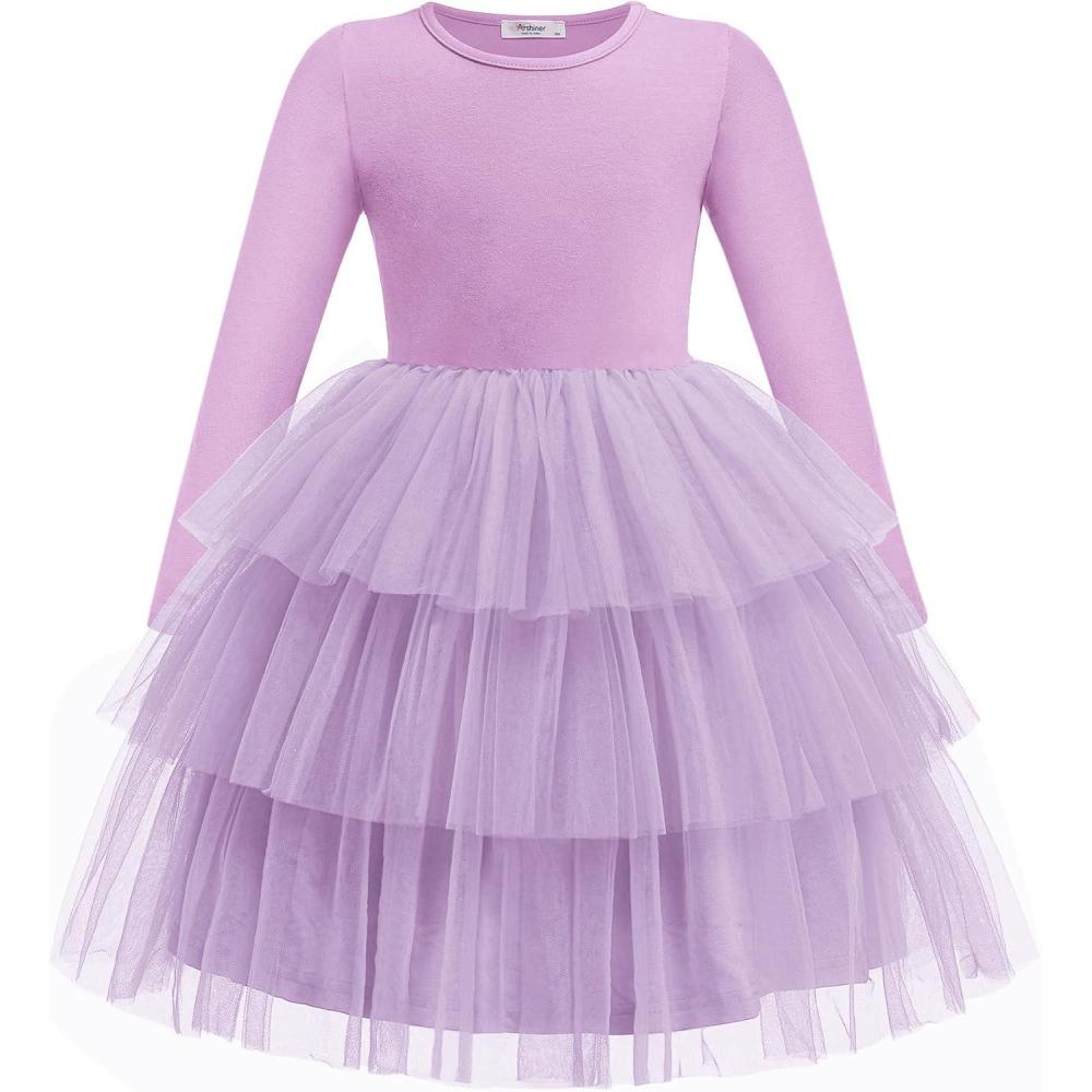 imageArshiner Toddler Tutu Dress Girls Long Sleeve Fall Winter Tiered Formal Party Tulle Dresses for Kids 26YLilac