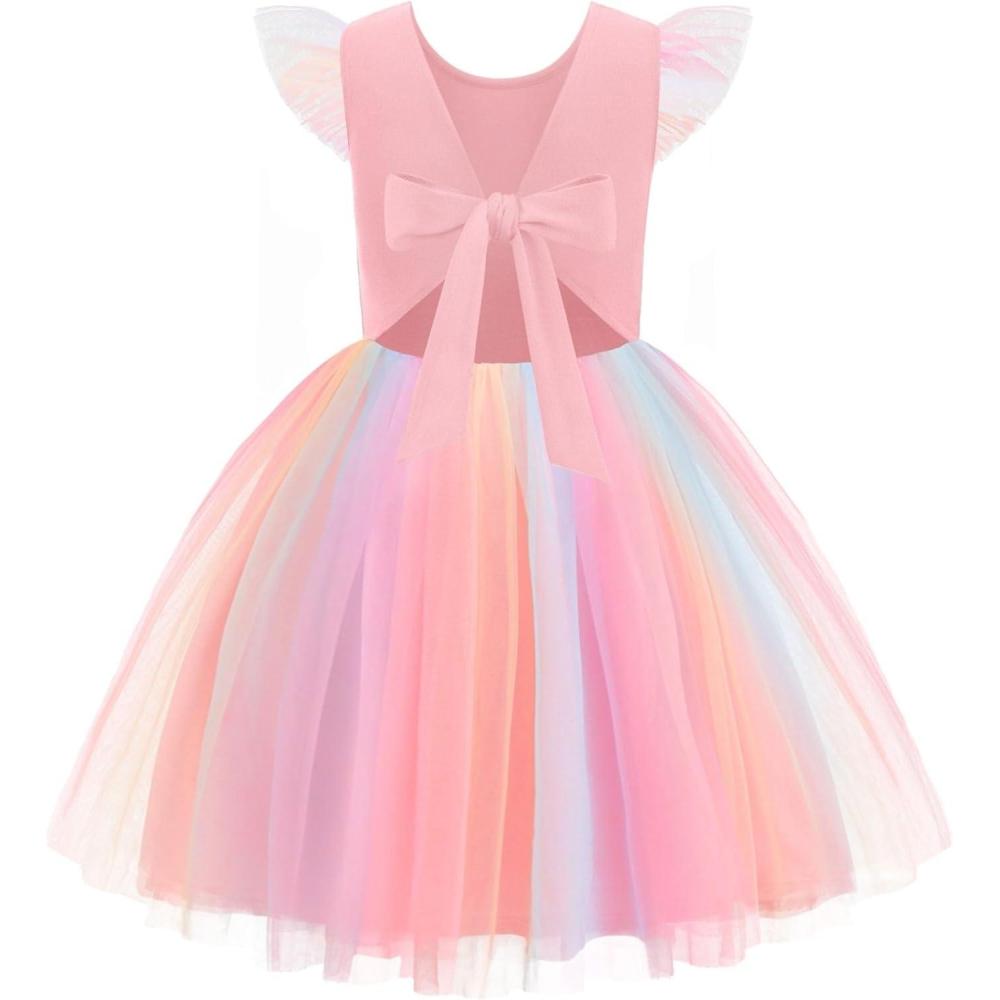 imageArshiner Toddler Tutu Dress Little Girls Summer Tulle Backless Party Birthday Cotton Dresses 26YPink Rainbow