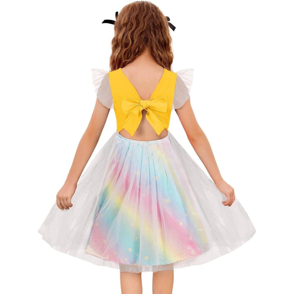 imageArshiner Toddler Tutu Dress Little Girls Summer Tulle Backless Party Birthday Cotton Dresses 26YYellow Rainbow