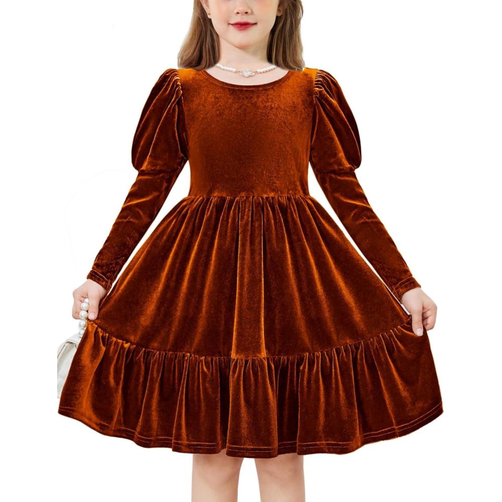 imageArshiner Toddler Velvet Dress Girls Puff Long Sleeves Crew Neck Party Fall Winter Ruffle Dresses with Pockets 28YCaramel