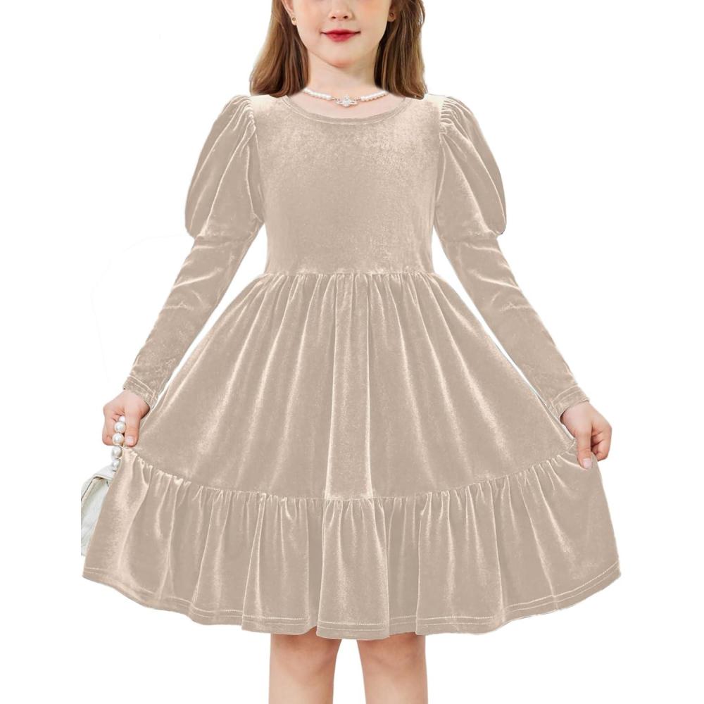 imageArshiner Toddler Velvet Dress Girls Puff Long Sleeves Crew Neck Party Fall Winter Ruffle Dresses with Pockets 28YChampagne