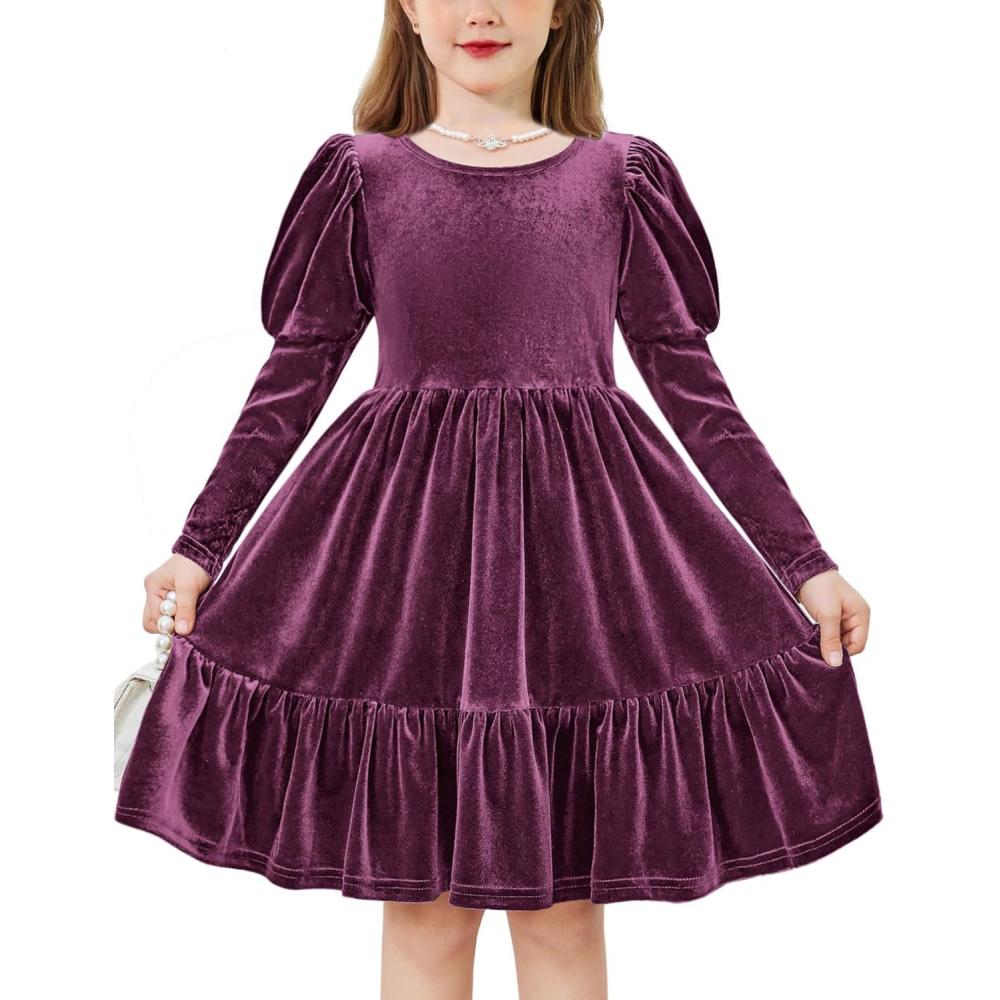 imageArshiner Toddler Velvet Dress Girls Puff Long Sleeves Crew Neck Party Fall Winter Ruffle Dresses with Pockets 28YFuchsia