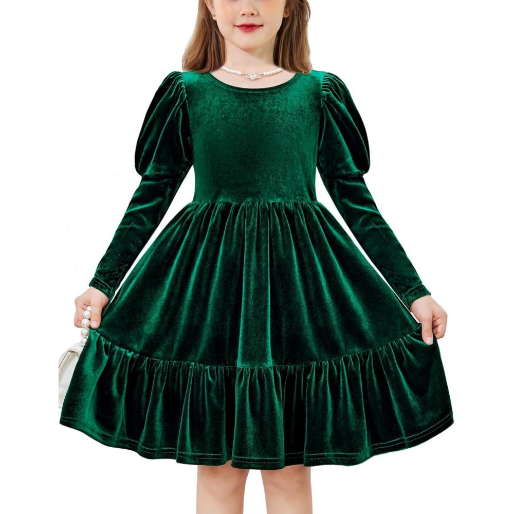 imageArshiner Toddler Velvet Dress Girls Puff Long Sleeves Crew Neck Party Fall Winter Ruffle Dresses with Pockets 28YGreen