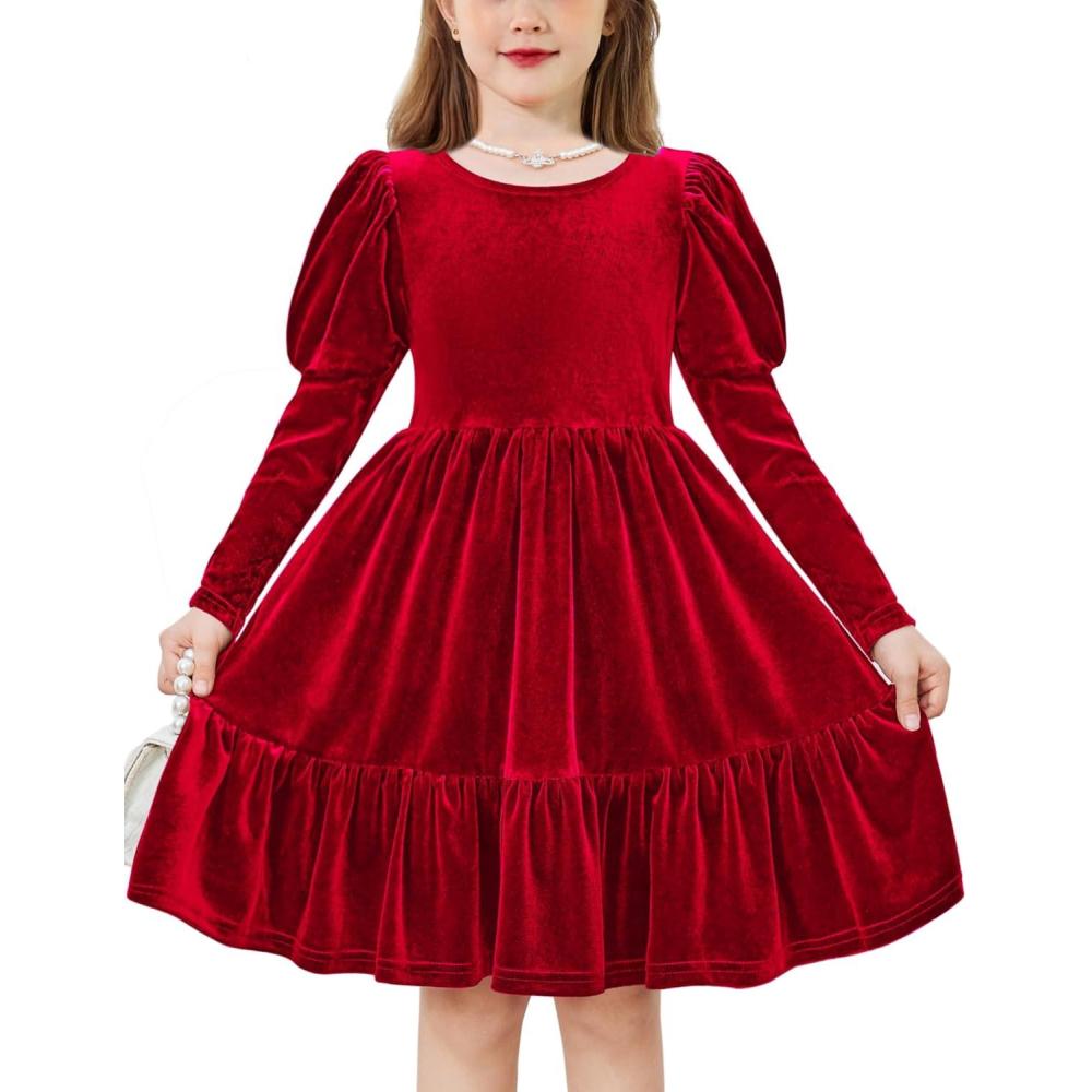 imageArshiner Toddler Velvet Dress Girls Puff Long Sleeves Crew Neck Party Fall Winter Ruffle Dresses with Pockets 28YRed