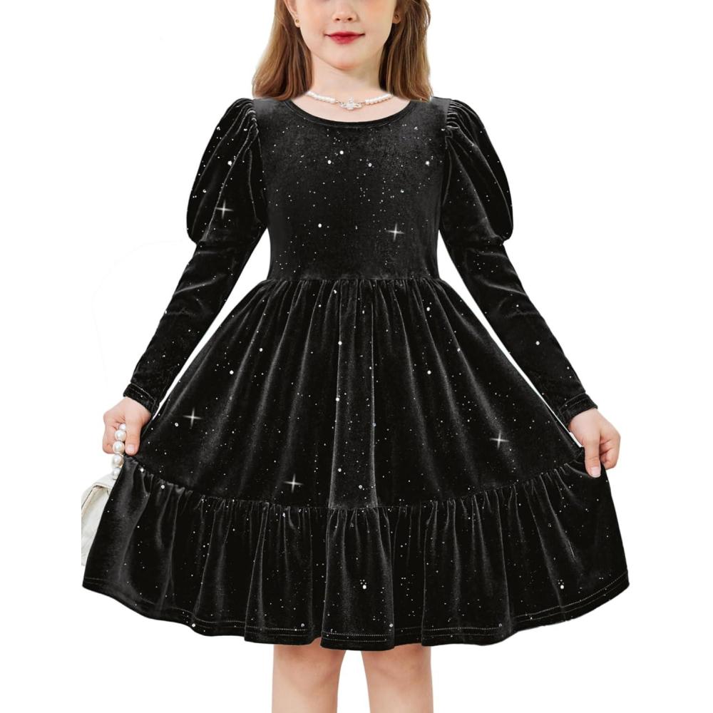 imageArshiner Toddler Velvet Dress Girls Puff Long Sleeves Crew Neck Party Fall Winter Ruffle Dresses with Pockets 28YSequins Black