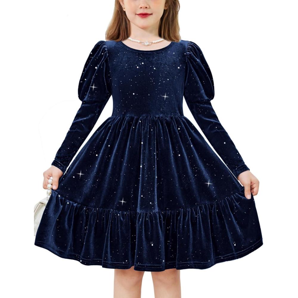 imageArshiner Toddler Velvet Dress Girls Puff Long Sleeves Crew Neck Party Fall Winter Ruffle Dresses with Pockets 28YSequins Blue