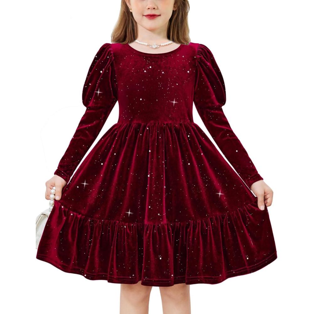 imageArshiner Toddler Velvet Dress Girls Puff Long Sleeves Crew Neck Party Fall Winter Ruffle Dresses with Pockets 28YSequins Burgundy