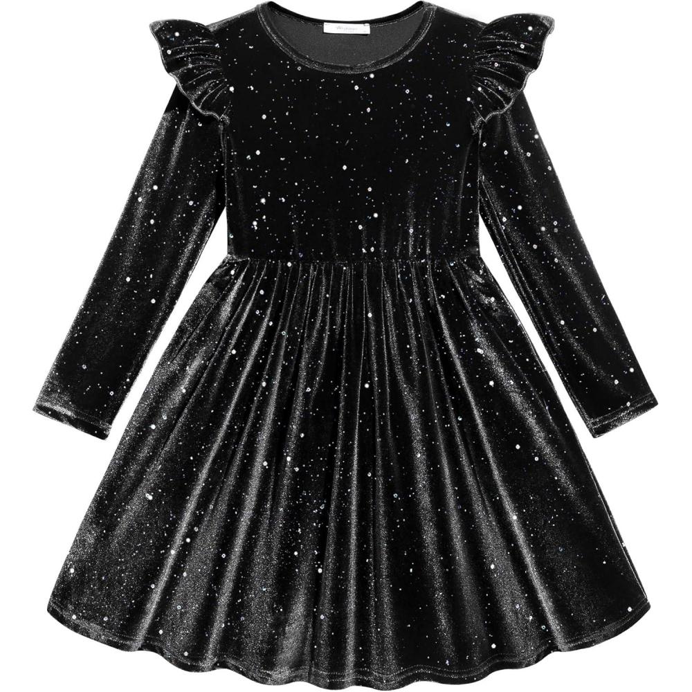 imageArshiner Toddler Velvet Dress Little Girls Fall Winter Long Sleeve Ruffle Holiday Birthday Party Dresses with PocketsBlack Sequin