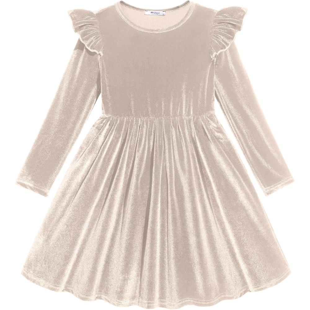 imageArshiner Toddler Velvet Dress Little Girls Fall Winter Long Sleeve Ruffle Holiday Birthday Party Dresses with PocketsChampagne