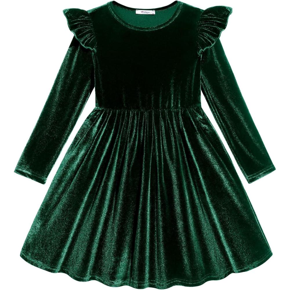 imageArshiner Toddler Velvet Dress Little Girls Fall Winter Long Sleeve Ruffle Holiday Birthday Party Dresses with PocketsGreen