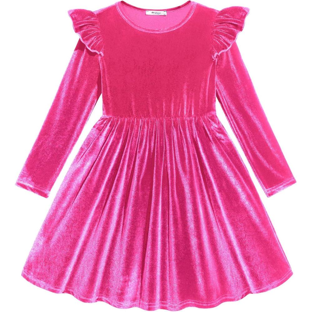 imageArshiner Toddler Velvet Dress Little Girls Fall Winter Long Sleeve Ruffle Holiday Birthday Party Dresses with PocketsHot Pink
