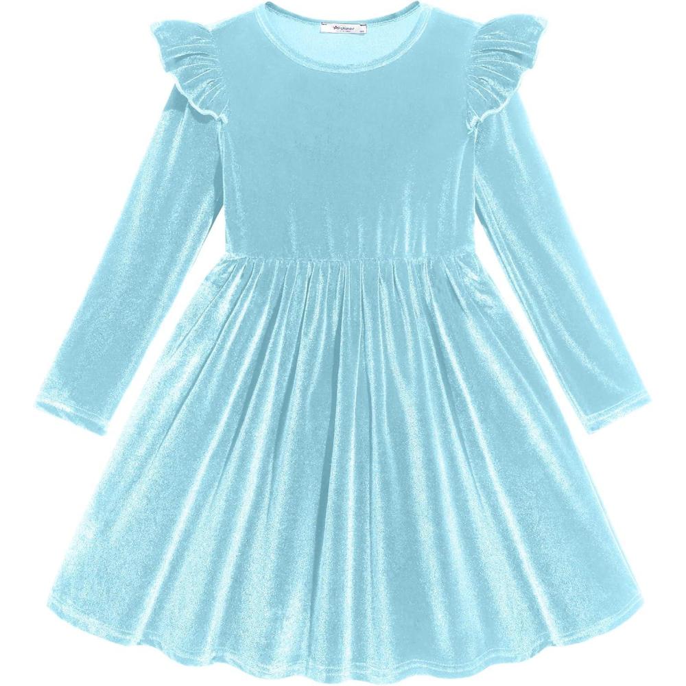imageArshiner Toddler Velvet Dress Little Girls Fall Winter Long Sleeve Ruffle Holiday Birthday Party Dresses with PocketsLight Blue