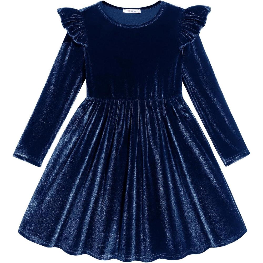 imageArshiner Toddler Velvet Dress Little Girls Fall Winter Long Sleeve Ruffle Holiday Birthday Party Dresses with PocketsNavy Blue