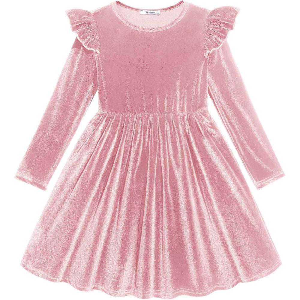 imageArshiner Toddler Velvet Dress Little Girls Fall Winter Long Sleeve Ruffle Holiday Birthday Party Dresses with PocketsPink