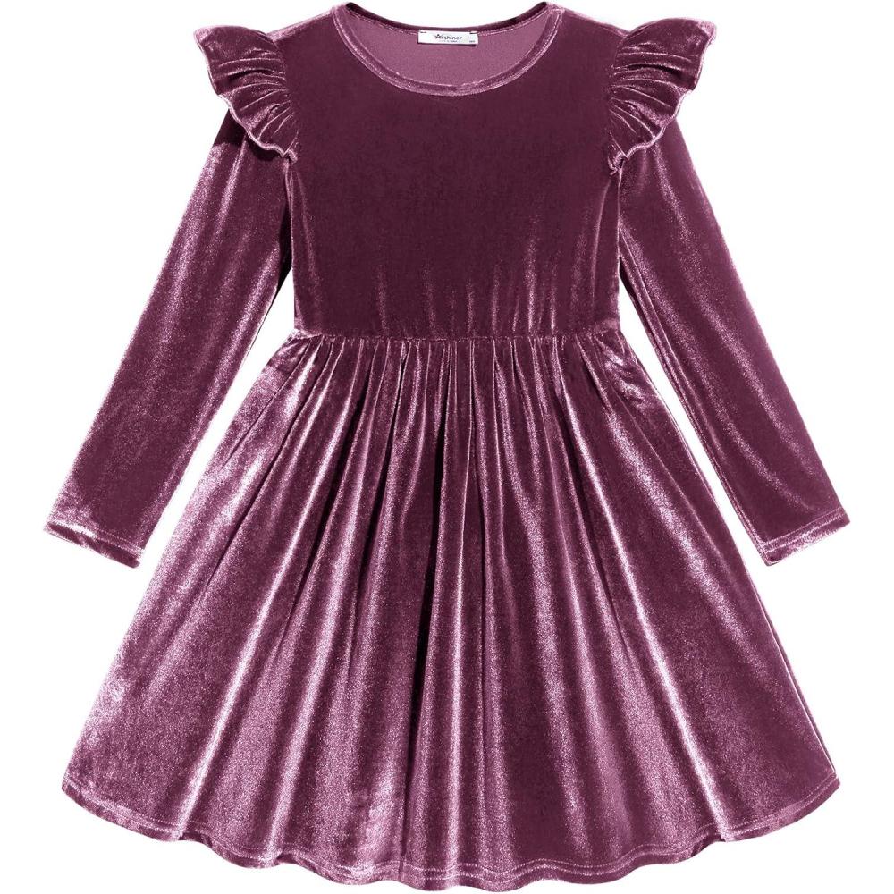imageArshiner Toddler Velvet Dress Little Girls Fall Winter Long Sleeve Ruffle Holiday Birthday Party Dresses with PocketsPurple