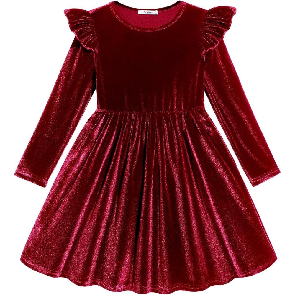 imageArshiner Toddler Velvet Dress Little Girls Fall Winter Long Sleeve Ruffle Holiday Birthday Party Dresses with PocketsRed