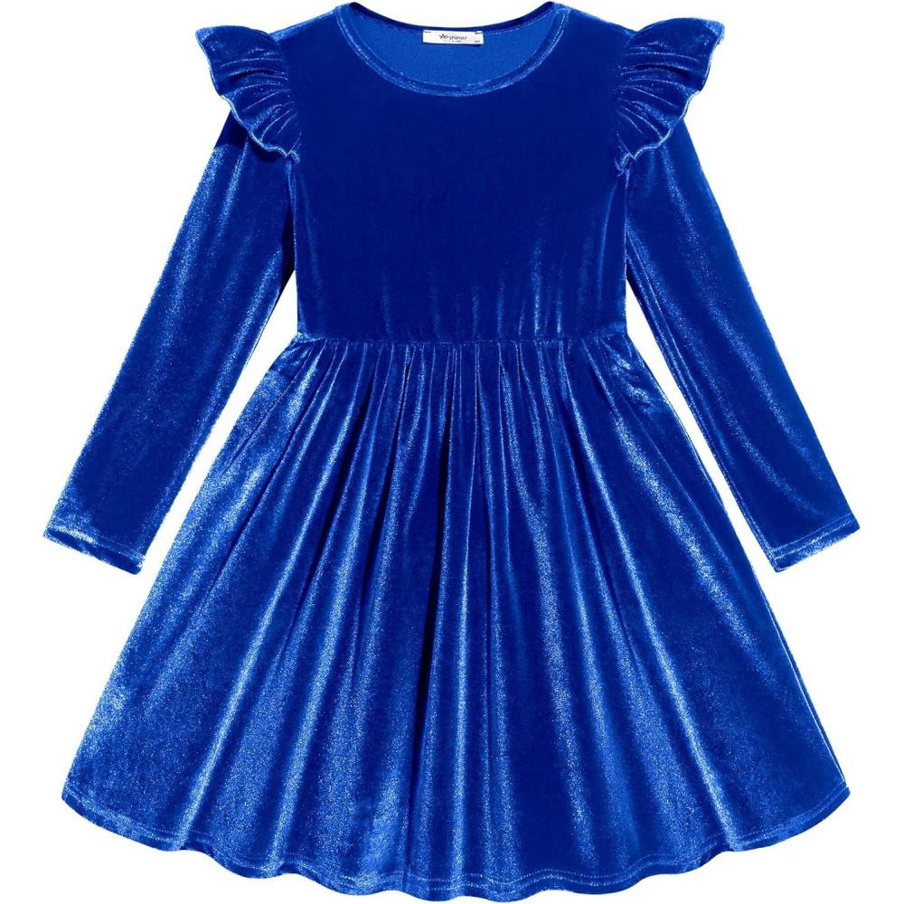 imageArshiner Toddler Velvet Dress Little Girls Fall Winter Long Sleeve Ruffle Holiday Birthday Party Dresses with PocketsRoyal Blue