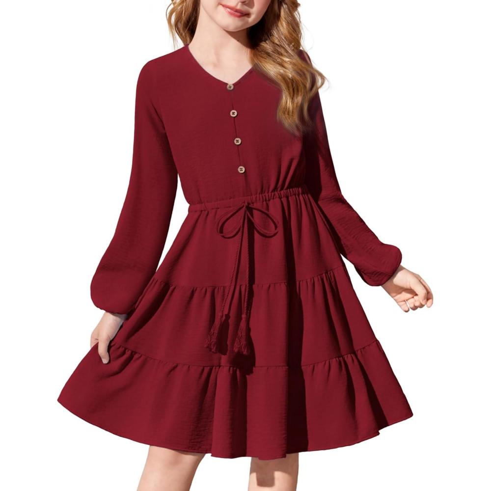imageArshiner Tween Girls Dresses Fall Long Sleeve V Neck Waist Tie Ruffle Tiered Swing Skater DressBurgundy