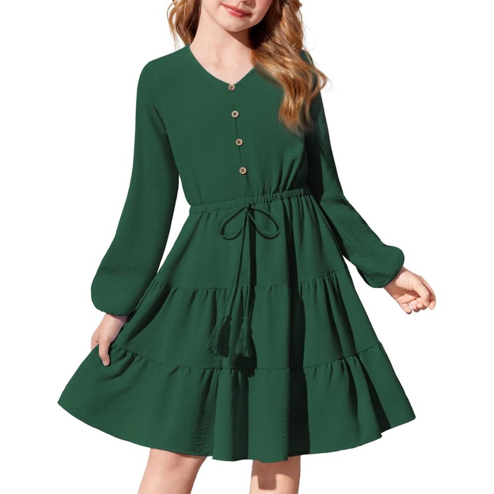 imageArshiner Tween Girls Dresses Fall Long Sleeve V Neck Waist Tie Ruffle Tiered Swing Skater DressGreen