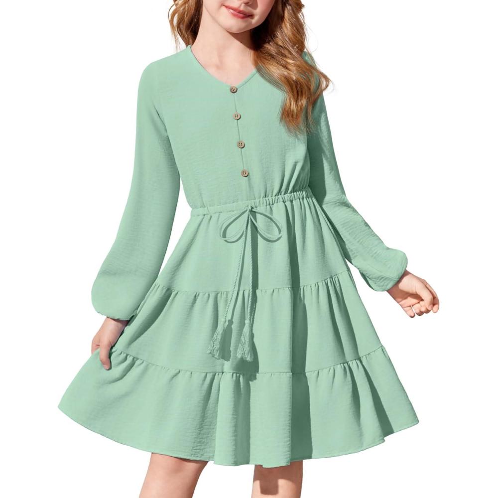 imageArshiner Tween Girls Dresses Fall Long Sleeve V Neck Waist Tie Ruffle Tiered Swing Skater DressLight Green