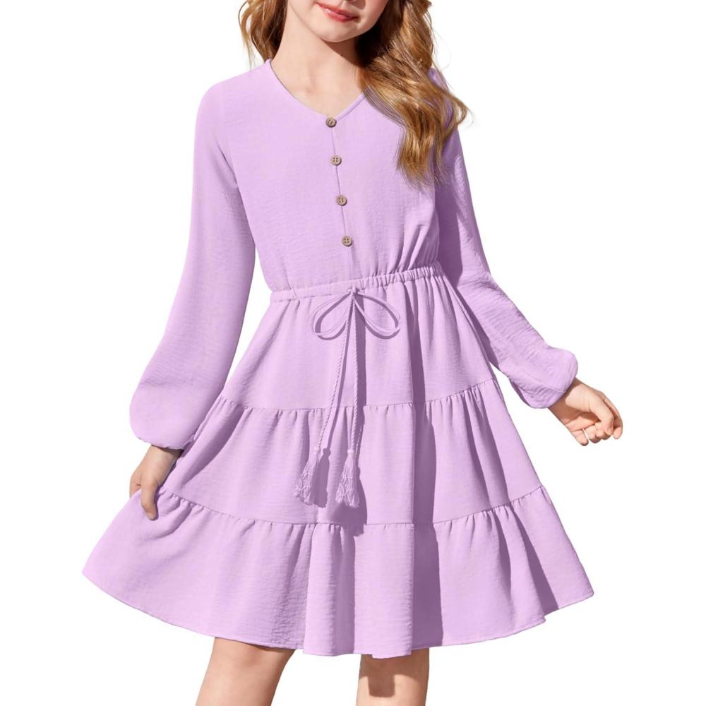 imageArshiner Tween Girls Dresses Fall Long Sleeve V Neck Waist Tie Ruffle Tiered Swing Skater DressLilac