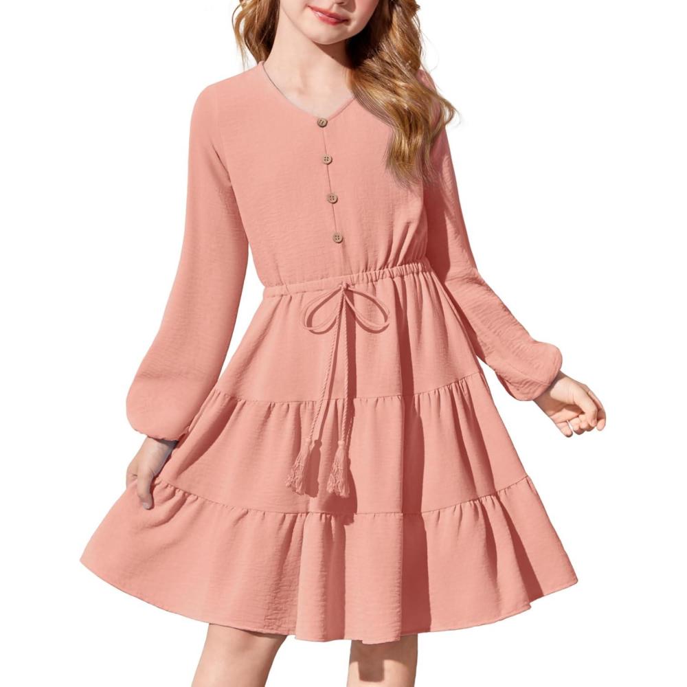 imageArshiner Tween Girls Dresses Fall Long Sleeve V Neck Waist Tie Ruffle Tiered Swing Skater DressPink