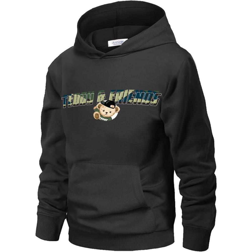 imageArshiner Unisex Kids Soft Pullover Hooded Sweatshirt with Pocket Basic Hoodies Sportswear Age 413 YearsBlackteddy