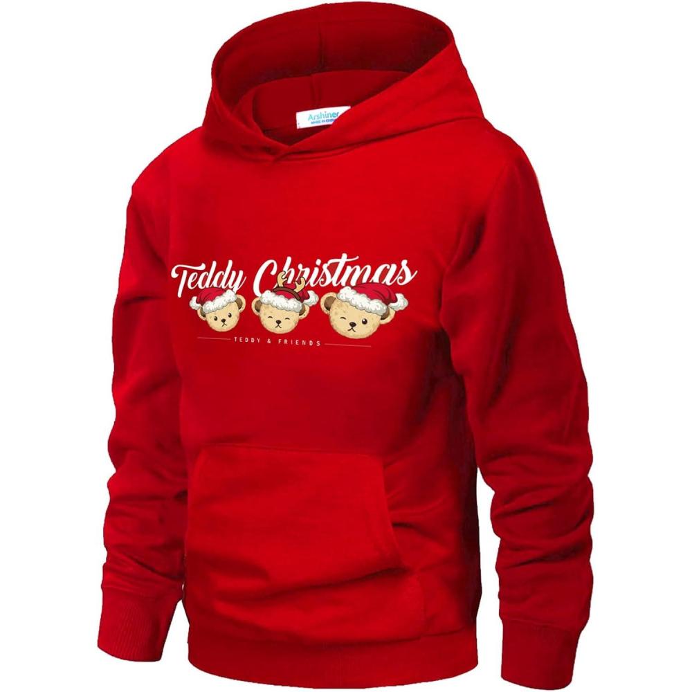 imageArshiner Unisex Kids Soft Pullover Hooded Sweatshirt with Pocket Basic Hoodies Sportswear Age 413 YearsRedteddy Christmas