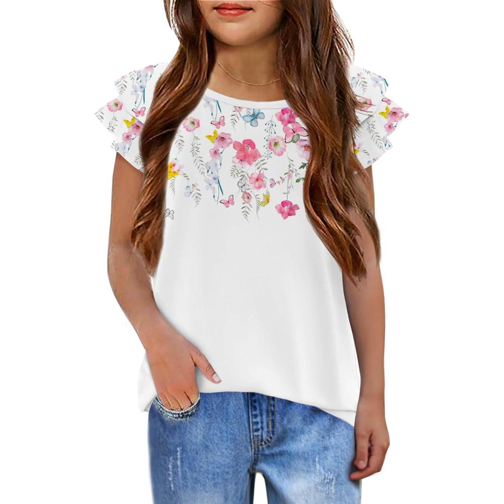 imageGirls T Shirts Ruffle Short Sleeve Round Neck Loose Blouse Summer Solid Color Casual Girl Tee Tops for 312 YearsFlowers
