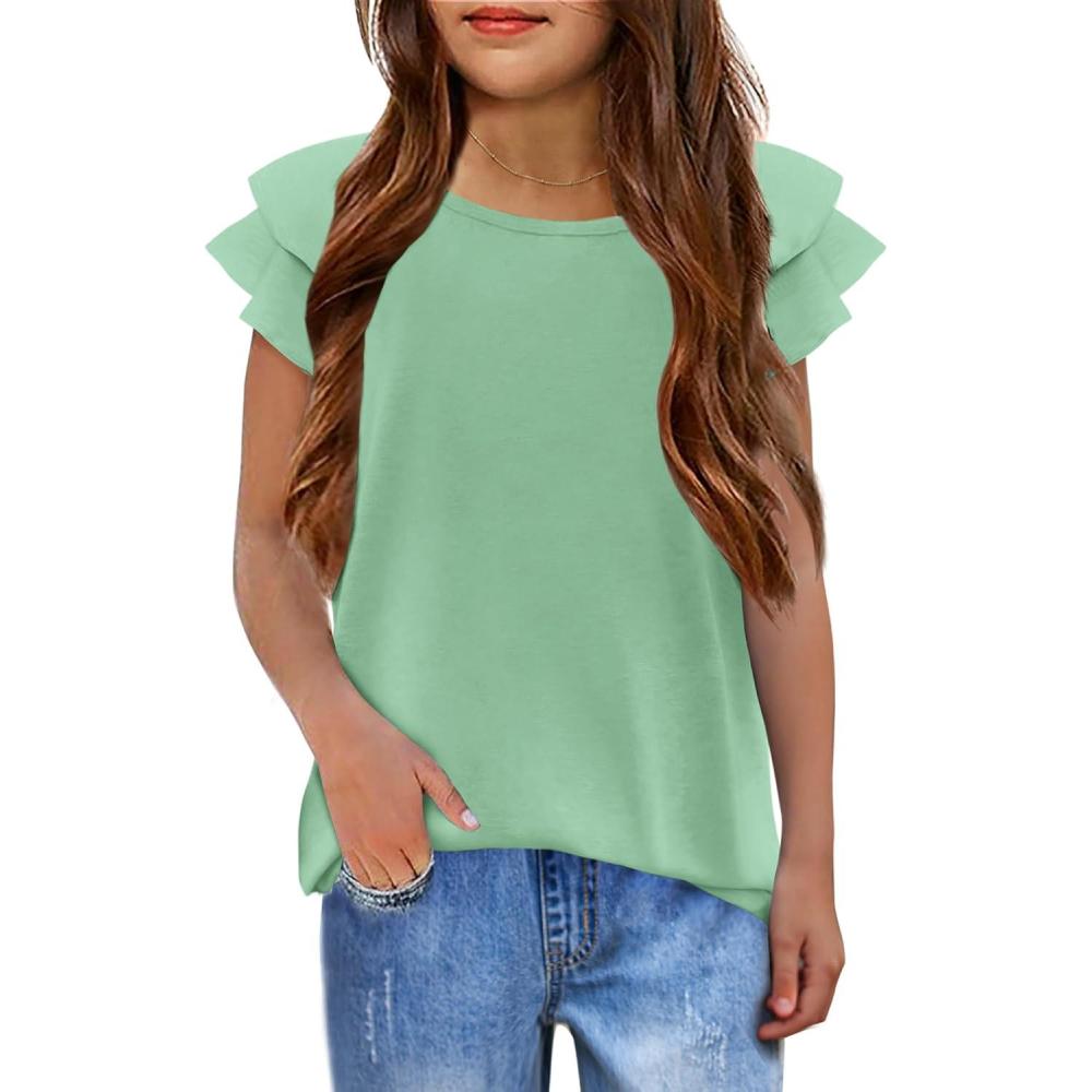 imageGirls T Shirts Ruffle Short Sleeve Round Neck Loose Blouse Summer Solid Color Casual Girl Tee Tops for 312 YearsLight Green