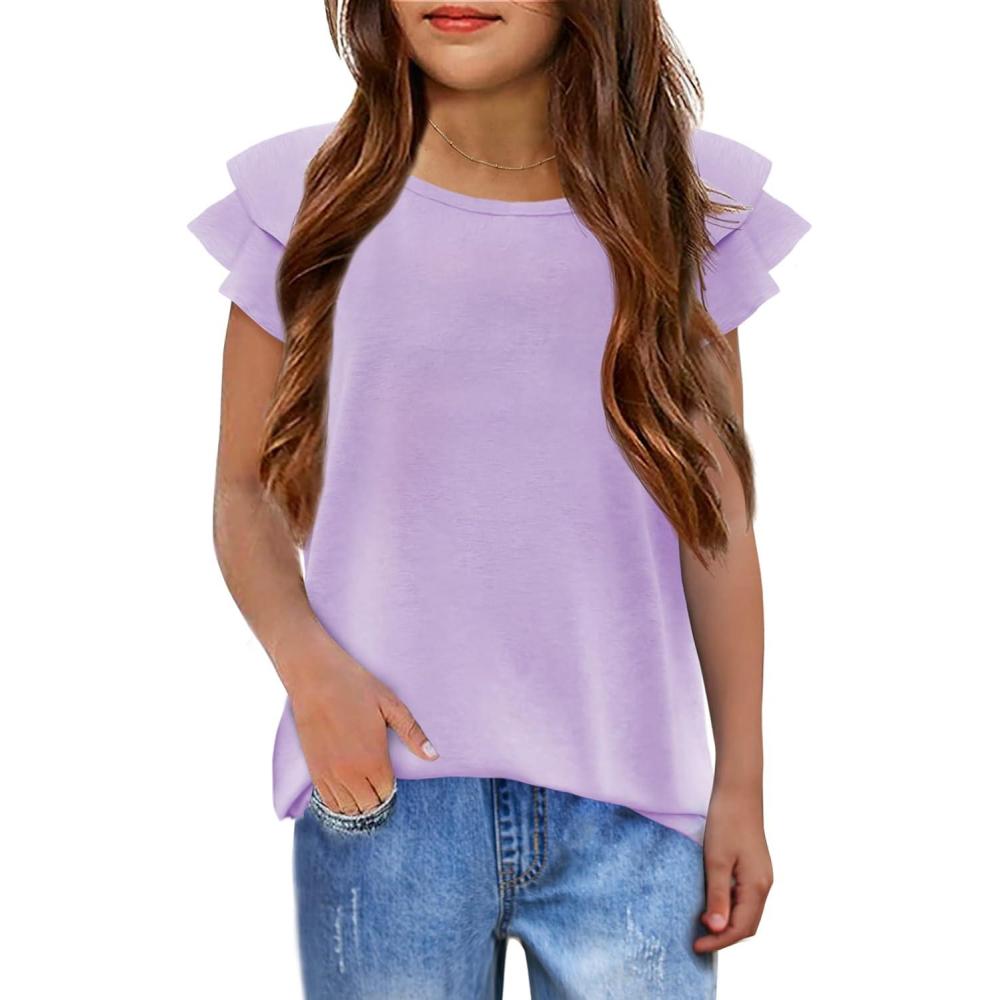 imageGirls T Shirts Ruffle Short Sleeve Round Neck Loose Blouse Summer Solid Color Casual Girl Tee Tops for 312 YearsPurple