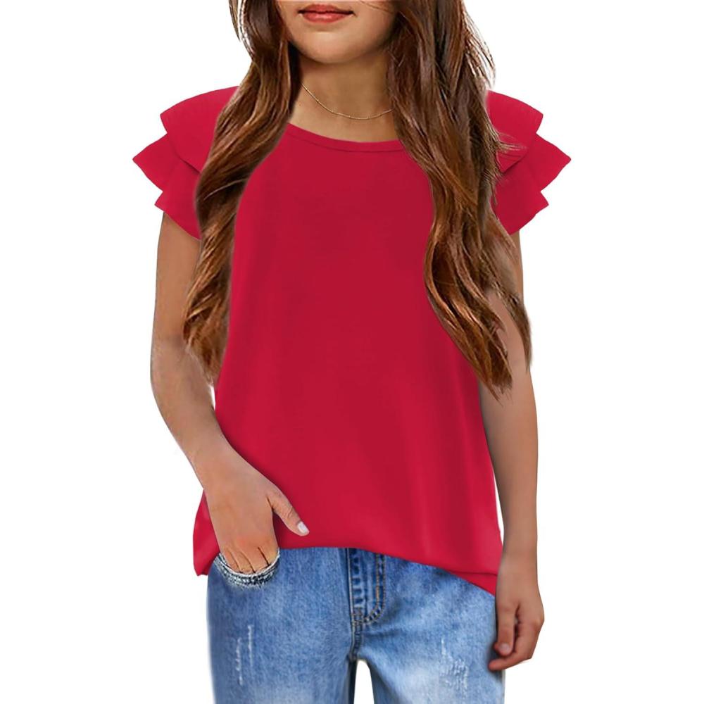 imageGirls T Shirts Ruffle Short Sleeve Round Neck Loose Blouse Summer Solid Color Casual Girl Tee Tops for 312 YearsRed