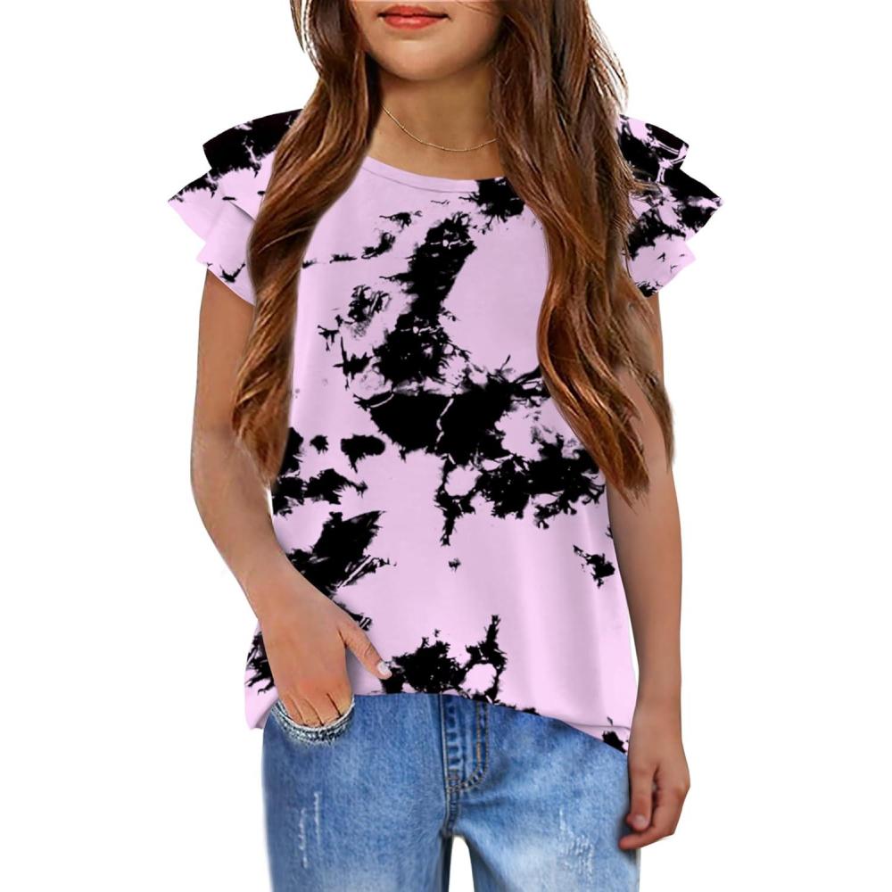 imageGirls T Shirts Ruffle Short Sleeve Round Neck Loose Blouse Summer Solid Color Casual Girl Tee Tops for 312 YearsTie Dye 1