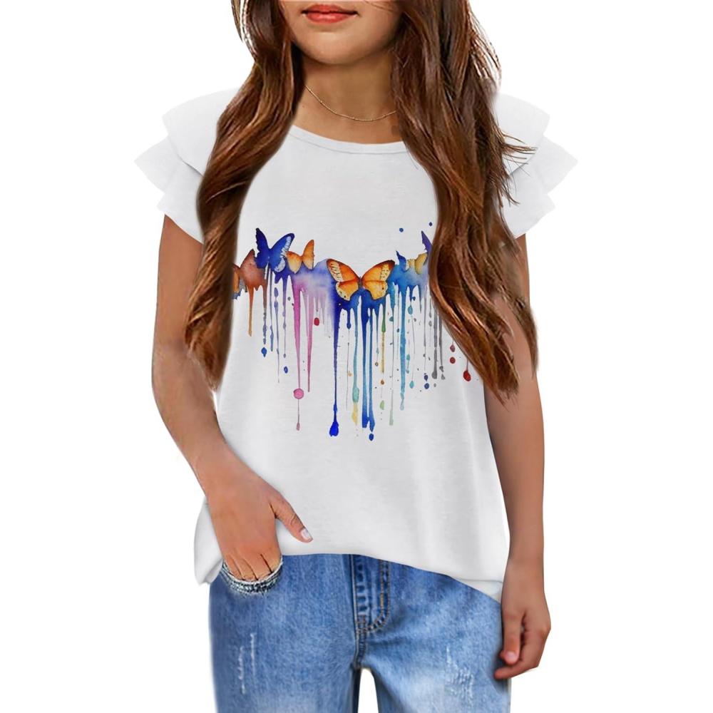 imageGirls T Shirts Ruffle Short Sleeve Round Neck Loose Blouse Summer Solid Color Casual Girl Tee Tops for 312 YearsTie Dye Butterfly