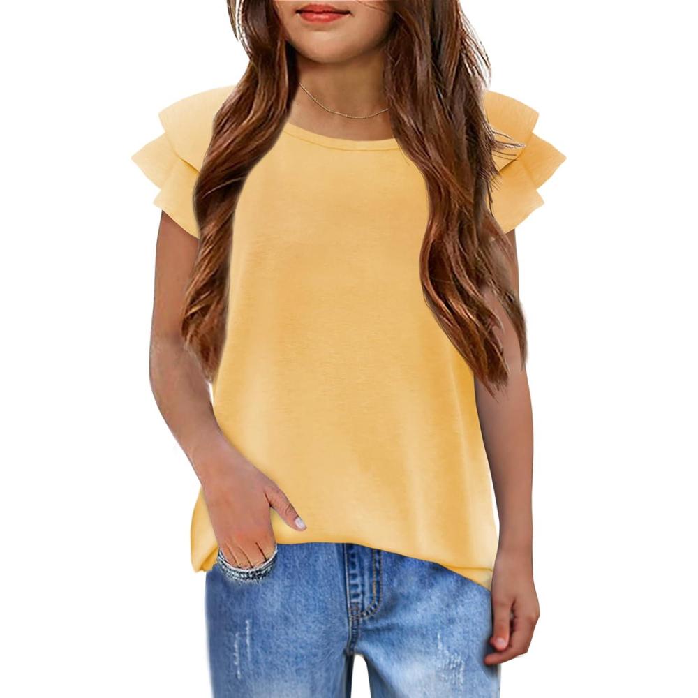 imageGirls T Shirts Ruffle Short Sleeve Round Neck Loose Blouse Summer Solid Color Casual Girl Tee Tops for 312 YearsYellow