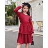 Arshiner Girls Dress Fall Sparkly Glitter Puff Sleeves Layer Party Dresses with Belt(Deep Red)