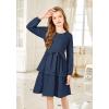 Arshiner Girls Dress Fall Sparkly Glitter Puff Sleeves Layer Party Dresses with Belt(Navy Blue)