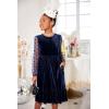 Arshiner Girls Dresses Contrast Mesh Velvet Long Sleeve A-Line Vintage Party Dress with Pockets(Blue)