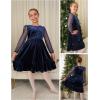 Arshiner Girls Dresses Contrast Mesh Velvet Long Sleeve A-Line Vintage Party Dress with Pockets(Blue)